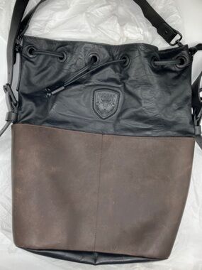 RUDSAK RARE Black and Brown Leather Drawstring  bucket bag 2 straps